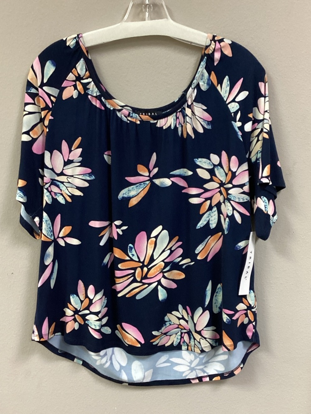 Tribal Navy Floral Scoop Neck Blouse with Pastel Blooms